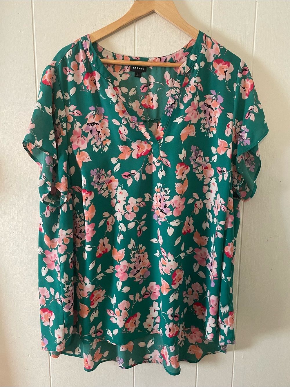 torrid Teal Floral Split-Neck Blouse with Pink Accents